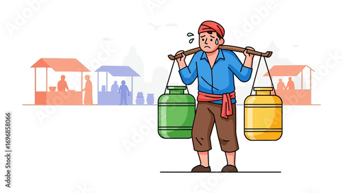 Weary Vendor: A determined vendor, shouldering a heavy load of provisions, navigates a vibrant marketplace, his brow glistening with perspiration.