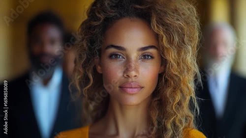 Wallpaper Mural Portrait of a confident woman with curly hair in focus, surrounded by blurred figures in suits Torontodigital.ca