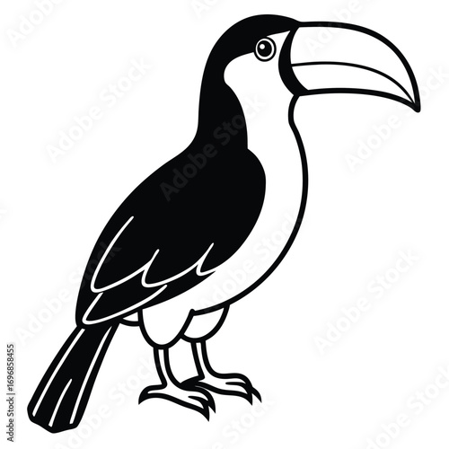 Simple black and white drawing of a toucan bird with a large beak on a white background vector illustration