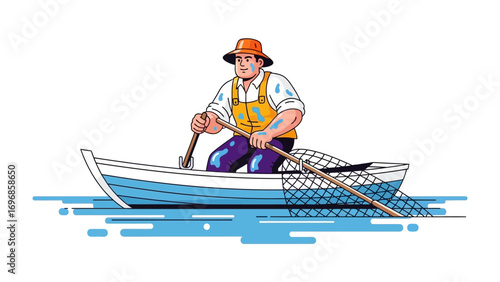 The Fisherman and His Boat: A determined fisherman navigates his small boat on a serene lake, casting his net for the day's catch, representing the quiet resilience and tradition of angling.