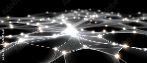 Dense network of white dots and lines create an intricate pattern highlighted by subtle lighting effects on a dark backdrop