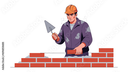Building Block by Block: A construction worker meticulously lays bricks, focused on creating a strong foundation for a new structure.