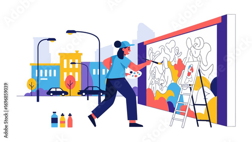 Creating Urban Masterpiece: An artist diligently paints a large-scale mural, bringing vibrant colors and artistic expression to an urban environment. Capturing the essence of street art, creativity.