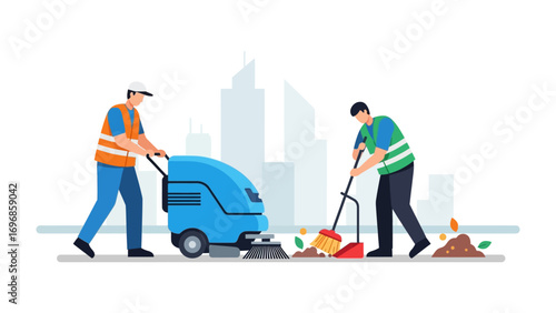 Urban Cleaners: Dedicated sanitation workers diligently maintain city streets using a variety of tools, ensuring a tidy and well-kept urban landscape.