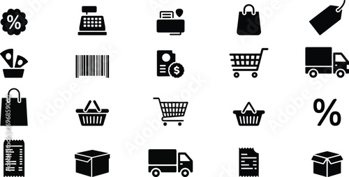 Black icons for shopping and commerce on white background