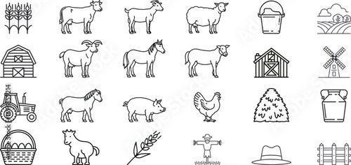 Farm animals and objects line art icons agriculture