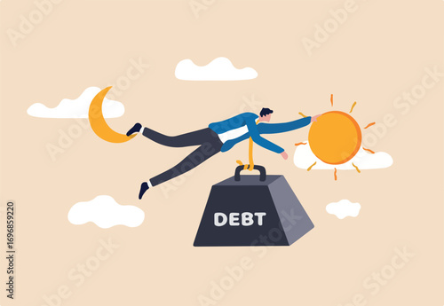 Debt crisis for salary man, working hard day until night making money to pay for debt of overspending habit concept, tried businessman holding on the moon and sun with heavy weight with the word debt.