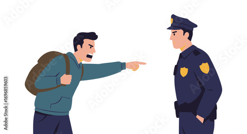 Angry man with backpack points at police officer