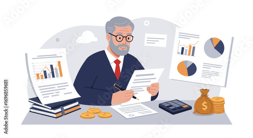 Man in suit reviewing documents with financial charts and money
