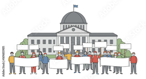 People protest with blank signs in front of a classical building