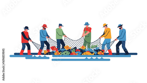 Fisherman's Catch: A group of fishermen working together, hauling in a net full of fish, showing teamwork and a successful harvest.