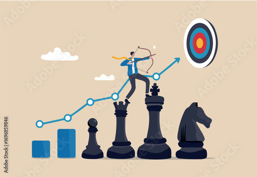 Strategy to win business success, growing to achieve target or strategic growth, challenge or mission, management and planning concept, businessman archery on king chess growth chart aiming at target.