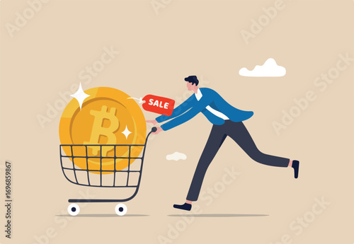 Buying Bitcoin on sale when cryptocurrency price crash to make profit concept, smart man buying or purchasing crypto currency Bitcoin in shopping cart trolley to speculate earning in the future.