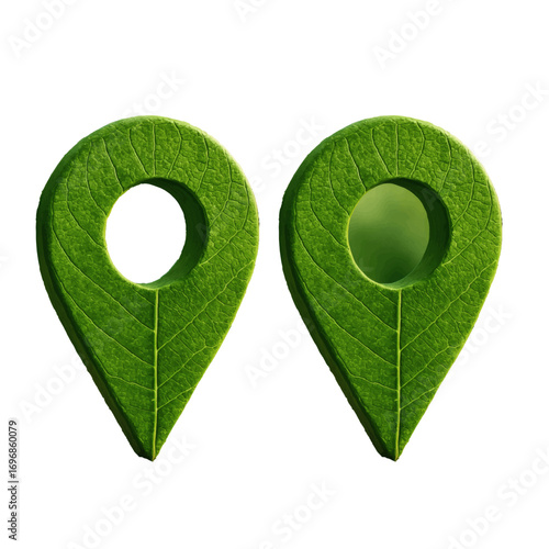 A vibrant green map pin with a shadow points to a location on a grassy background, serving as a navigation symbol