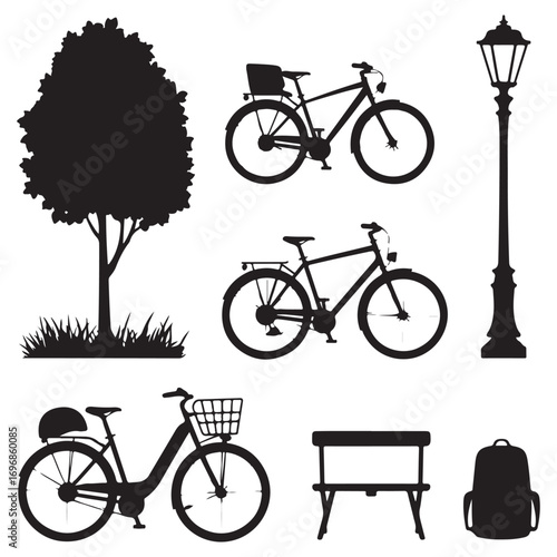 Collection of black silhouettes of bicycles a tree a park bench a lamppost and a backpack on a white background