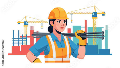 Construction worker: A female construction worker, clad in protective gear and equipped with steel rods, confidently stands against a backdrop of a bustling construction site, symbolizing empowerment.
