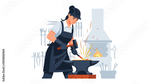 Artisan at Work: A skilled craftsperson expertly forges metal, sparks flying as the hammer strikes, bringing the artistry of metalwork to life.