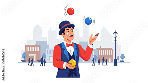 The Juggler and The City: A skilled juggler with hat and bow tie showcases his colorful art with a backdrop of a bustling city. This illustration captures both the performance and vibrant cityscape