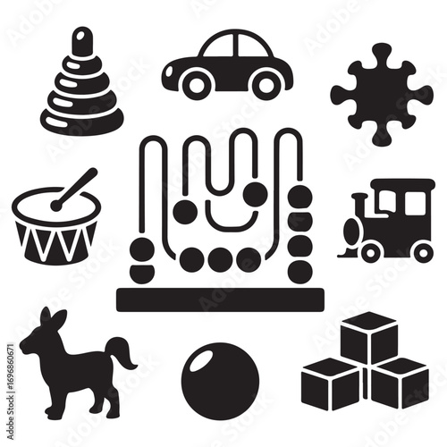 Collection of classic black silhouette children s toys including stacking rings a car a puzzle a drum a bead maze a train horse blocks and a ball