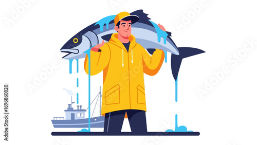 Fisherman and His Catch: A fisherman, brimming with pride, carries his large fish catch on his shoulder, embodying the essence of a bountiful day at sea and represents the hard work. 