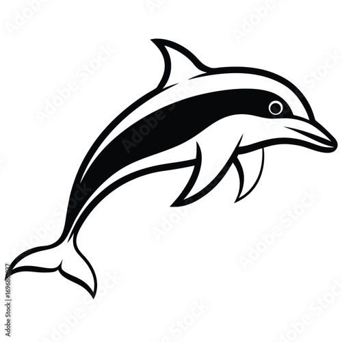 Stylized black and white illustration of a leaping dolphin with a striped pattern jumping ocean