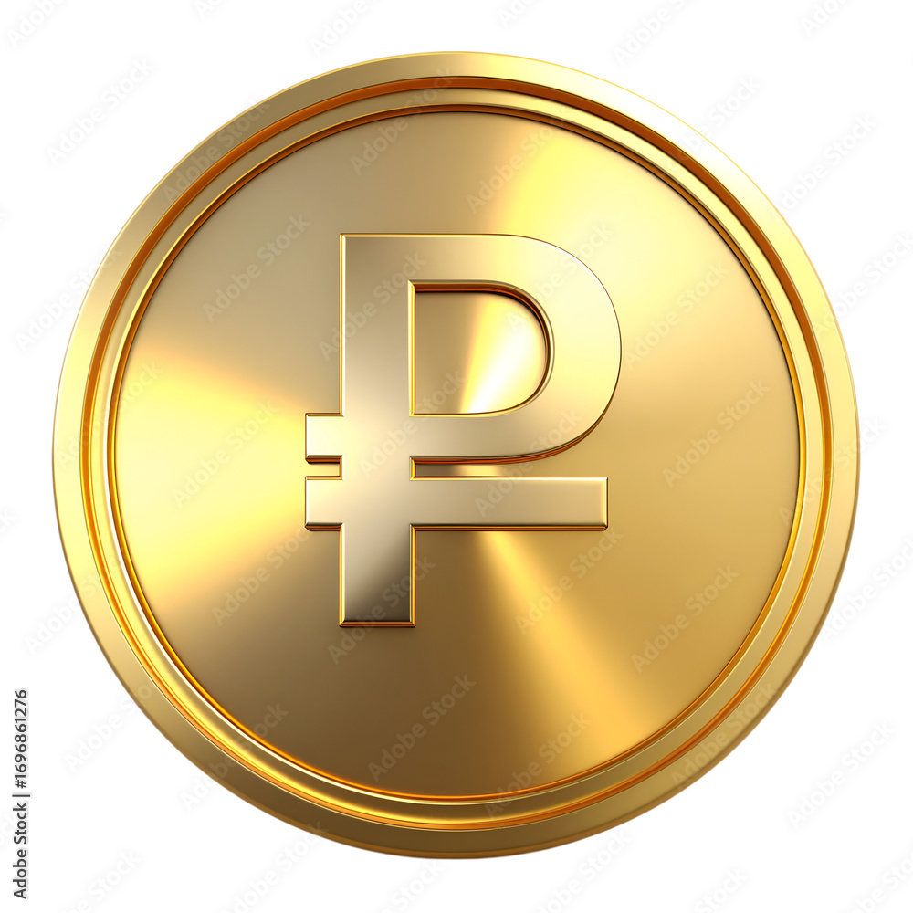 Obraz premium Gold Coin With Ruble Symbol: A lustrous gold coin prominently displays the ruble symbol, a symbol of wealth, prosperity, and financial transactions. It symbolizes the value of financial matters.