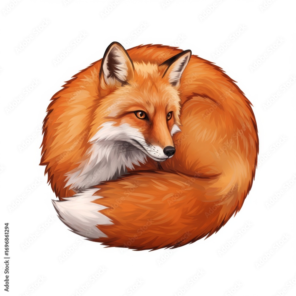 Obraz premium Digital Image of a Fox Curled Up with Orange Fur and White Tipped Tail on White