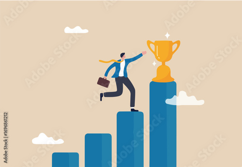Business winner, achievement or prize, success or victory, challenge or business mission, career goal or stair to success concept, businessman professional step up growing bar graph to win the trophy.