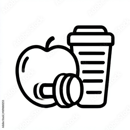 Fitness and nutrition icon with apple, dumbbell, and shaker bottle, black and white, healthy active lifestyle or workout concept with copy space