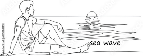 Man watching sunset at beach continuous line art vector design