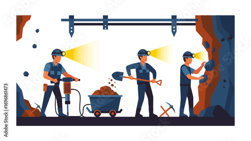 Beneath the Surface: A visual narrative of determined miners toiling within the depths of the earth. The scene evokes a sense of grit and determination amidst the subterranean realm. 
