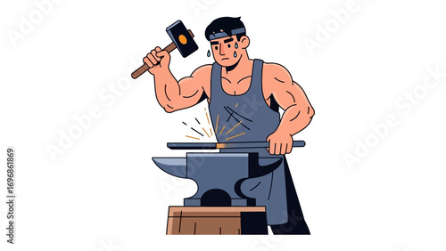 Blacksmith at Work: An illustrative scene of a muscular blacksmith diligently forging metal with a hammer and anvil, a testament to skill and craftsmanship.