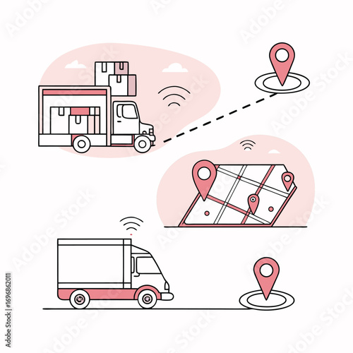 Modern Transport Set — Isolated Illustrations of Truck Tracking and Logistics Network