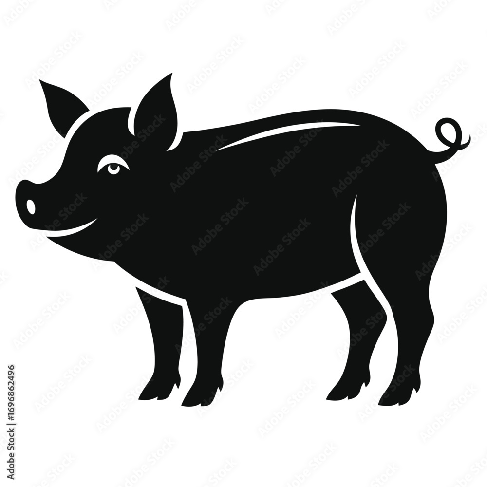 Fototapeta premium Stylized Black Pig Silhouette with Smiling Face on White Background swine farm animal
