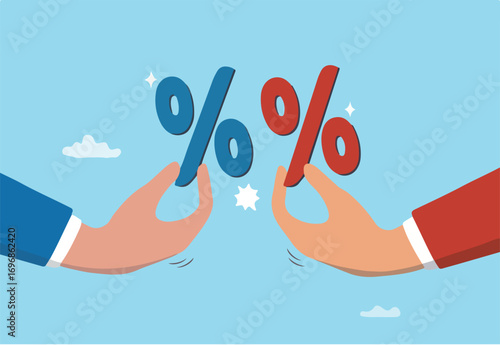 Tariff or import tax trade war, conflict between US and China causing economic recession, customs, regulation, import and export tax concept, businessman hold percentage sign metaphor of tariff tax. 