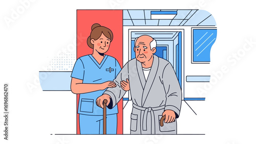 Gentle Guidance and Care: A healthcare worker provides assistance, tenderness, and companionship to an older patient in a hospital corridor, embodying empathy.