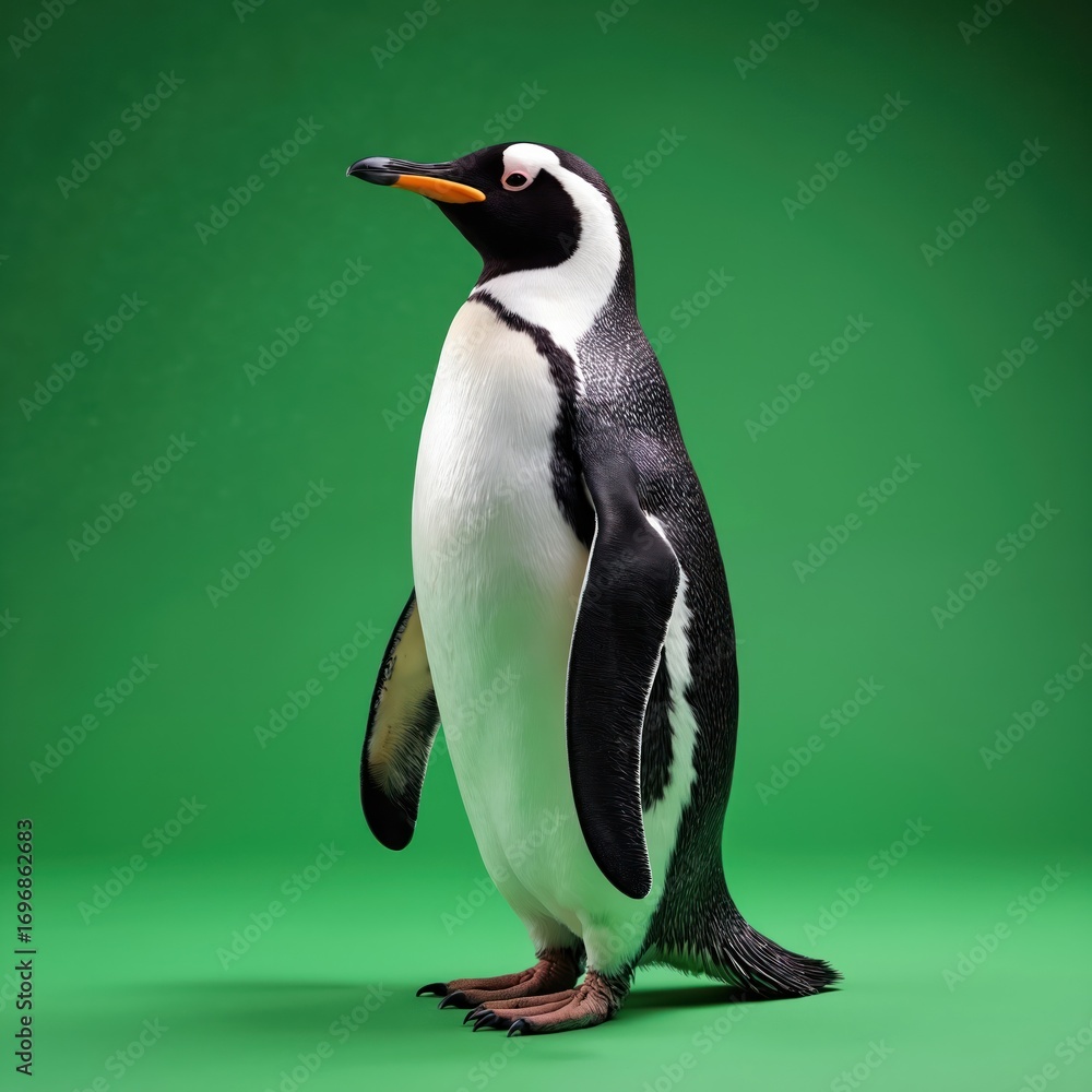 Fototapeta premium Chinstrap penguin stands on green screen background. Bird features black, white plumage, distinct chinstrap marking. Ideal for nature documentaries, educational content, creative projects needing