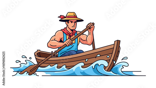 Rowing Through Adventure: A strong individual navigates the waters, wielding oars in a classic rowboat, amidst dynamic waves, illustrating determination. 