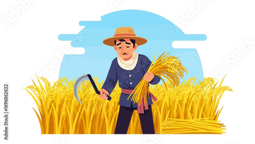 Harvest Time: A farmer meticulously tends to a wheat field with traditional tools, a sickle and a sheaf, set against a backdrop of a clear blue sky and promising abundance.