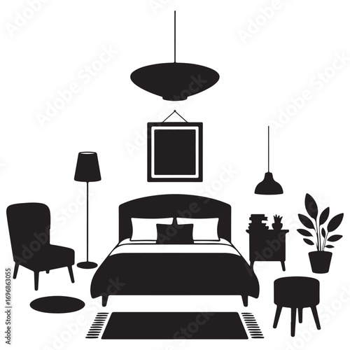 Modern bedroom interior silhouette with bed armchair nightstand plants lamps and rug in black and white