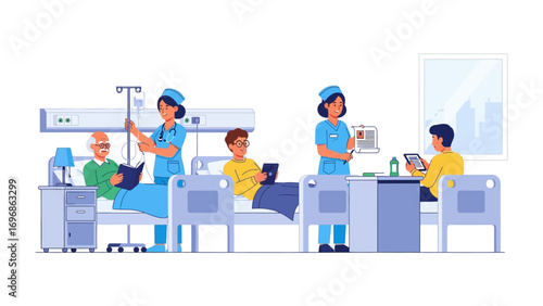 Hospital Care: Nurses tending to patients, offering medical care and compassion in a clean hospital setting.  