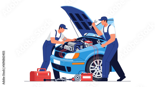 Automotive Engineers at Work: Two skilled automotive engineers diligently examine a vehicle, engrossed in technical tasks that demonstrate their dedication and competence.