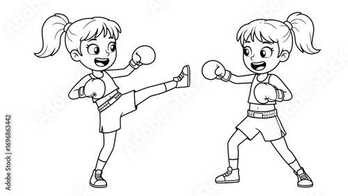 Cartoon Boxing Girls Line Art – Fun Kids Sports Illustration for Coloring Book