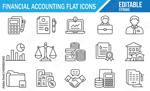 Clean line icon set of finance, tax, and corporate accounting tools