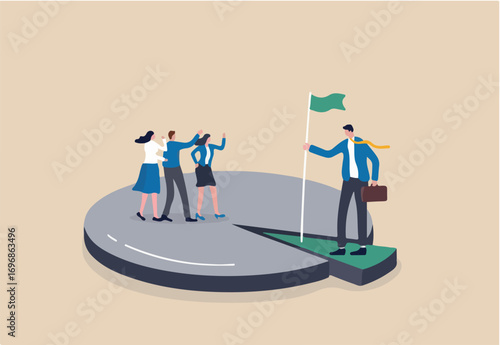 Niche market, small focused group of consumer or audience, unique or specific group of customers concept, businessman standing on small area of pie chart metaphor of niche market segment