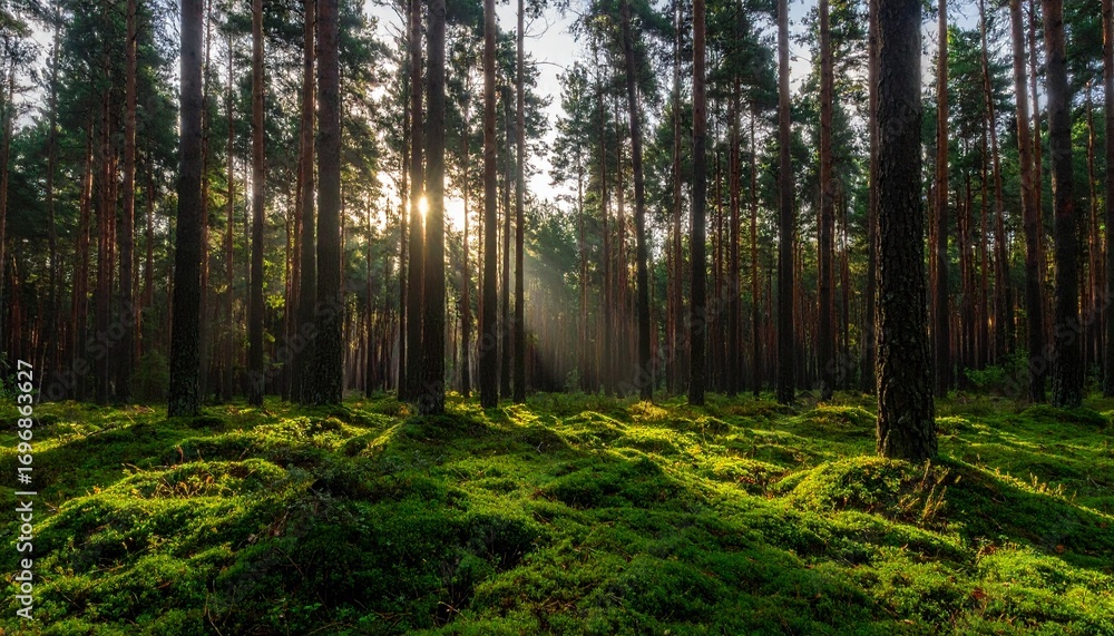 Fototapeta premium Majestic Sunrise in a Pine Forest: Nature Photography at its Finest