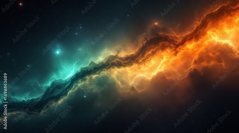 Fototapeta premium A mesmerizing cosmic dance unfolds with vibrant orange and teal nebulas swirling in the vast expanse of the universe