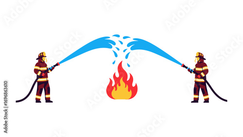 Firefighters Battling Flames: Two determined firefighters bravely combat a fiery blaze with powerful water streams, symbolizing courage and the vital work of protecting communities.