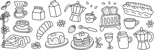 Breakfast and coffee icons including coffee maker pancakes toast and pastries food drink