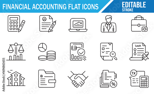 Editable stroke financial accounting icons set including calculator, documents, graphs, money, scales, certificates, briefcase, communication, and business symbols isolated on white background